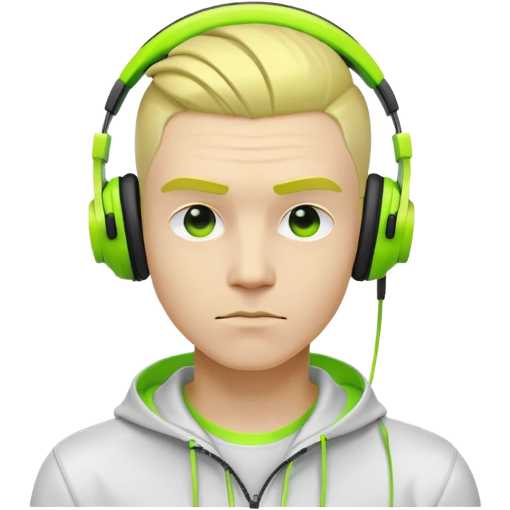 yellow-skinned guy head with slicked back black undercut hair and neon green headphones, cool expression emoji