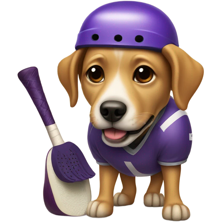 Dog with hockey helmet eating an eggplant emoji