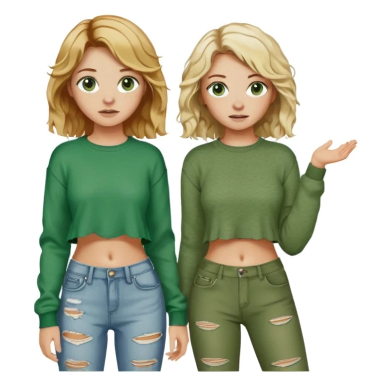 Two girls, both white, one with short wavy blonde hair and green eyes, dressed in punk Y2K fashion and the other with long wavy brown hair, brown eyes, freckles; and cozy green clothes  emoji