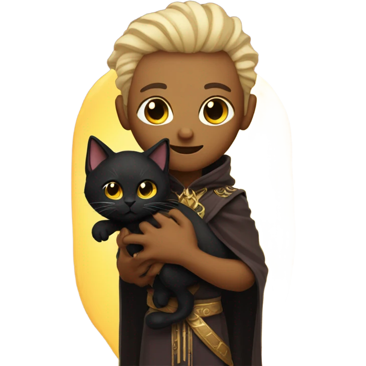 A sun warlock who has light skin and is holding a black kitten emoji