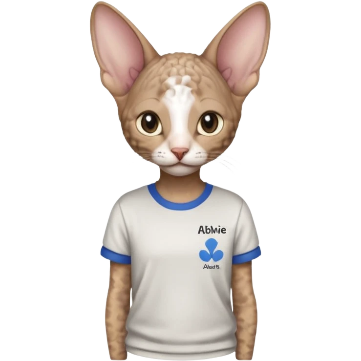 Cornish Rex wearing shirt that says “abbvie” emoji