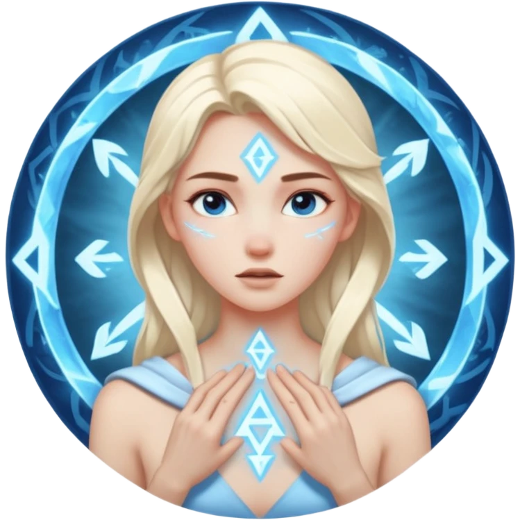 Woman frozen mid-spell, glowing runes around her body, charged silence emoji