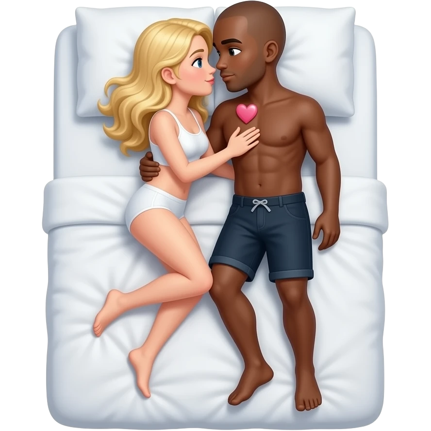 Blonde woman with black bald boyfriend making sweet love in bed emoji
