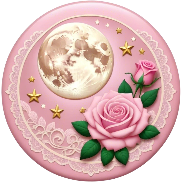 A round pink button with light cream damask lace, a full moon and stars and pink roses in the center emoji