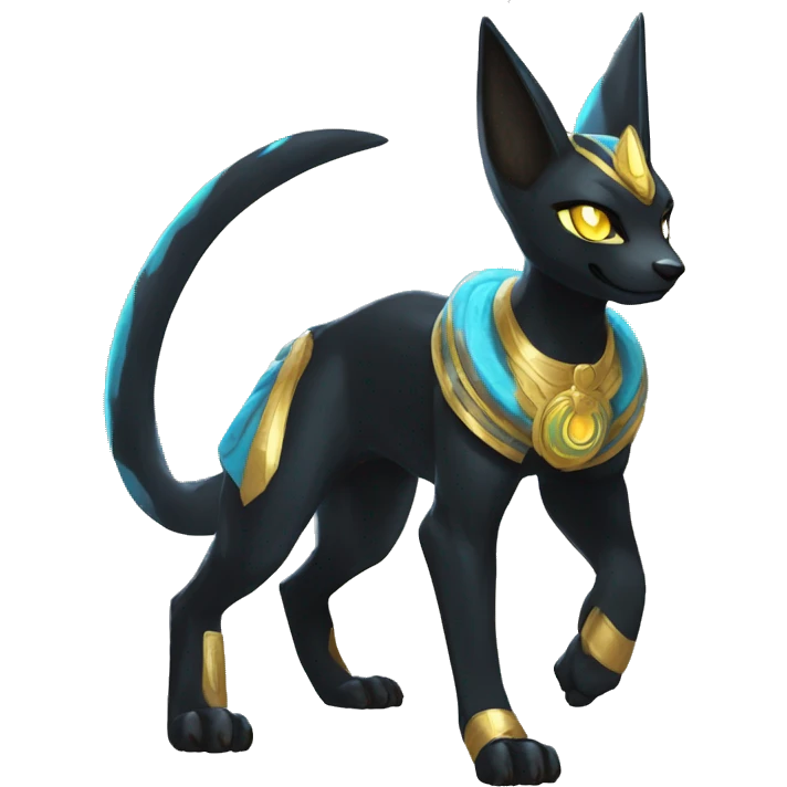 Black godly overpowered ethereal majestic Egyptian Lucario-Umbreon-Cat. Golden Anubis-Rings and yellow ring-markings. Full body emoji