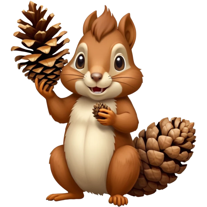 Greedy squirrel with a big pine cone balancing on its head, showing a strange creepy expression, hungry looking emoji