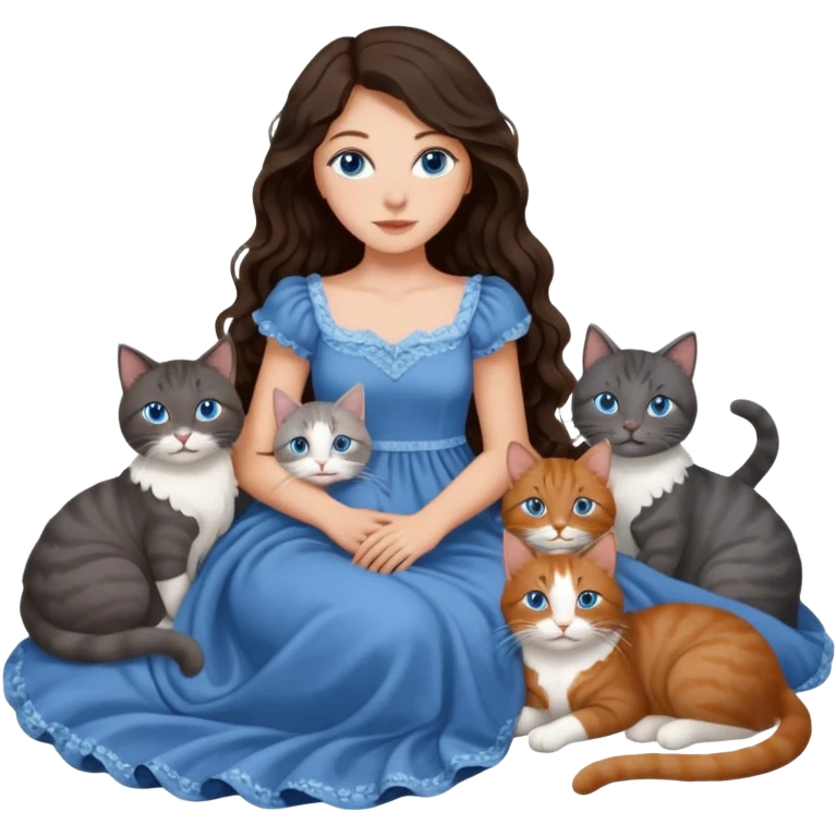 detailed realistic looking a dark grey and white cat regally laying with six other cats, cuddling with their owner in bed who is a pretty bratz lightly tanned white girl with long dark brown hair, blue eyes and gorgeous long wavy hair wearing a pretty detailed dress emoji