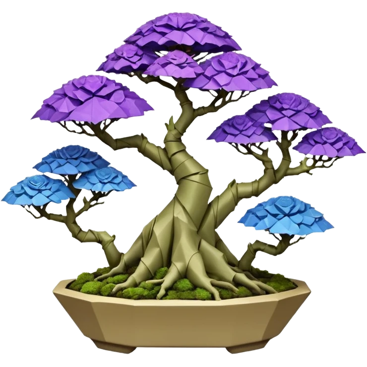 Futuristic wild glowing et alien moss maples Bonsai hair-fine-leaf group multi faceted crystal boxwood purple and cream rose blue informal rocky cliffhanger eight trees forest planting in shallow origami slab style pot with big anthropomorphic feet  emoji