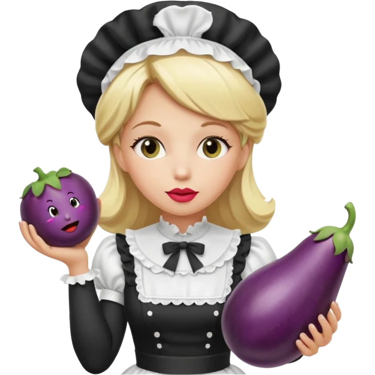 A women with blond hair in a black and white maid dress with her lips around a eggplant emoji