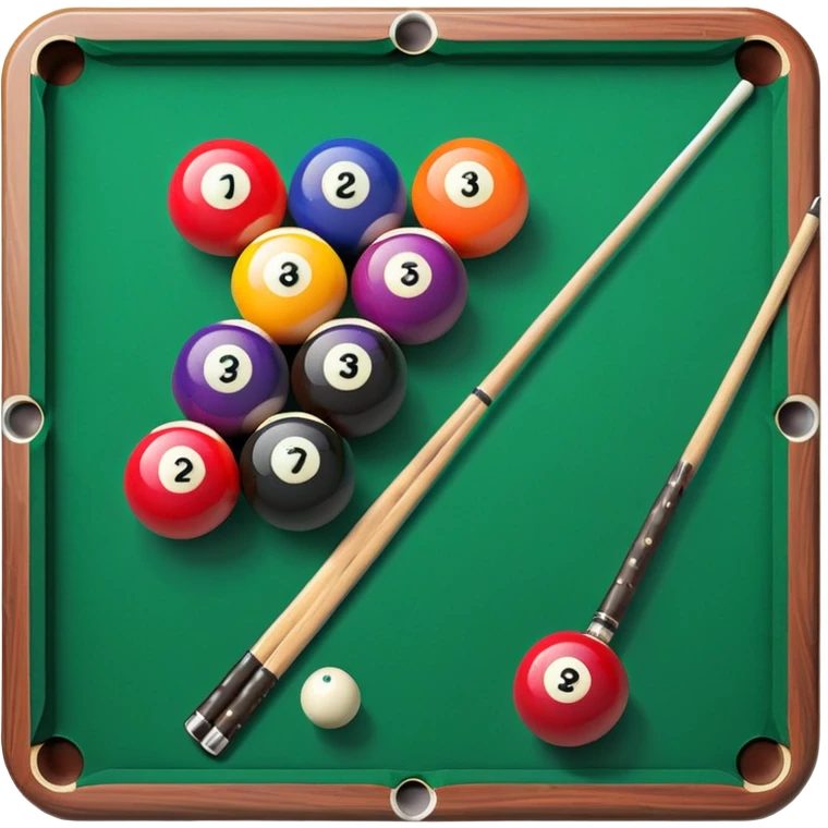 Two crossed pool cues resting on a billiard table, with colorful billiard balls scattered across the surface. The background features the felt of the table, creating an inviting atmosphere for a game of precision and strategy emoji