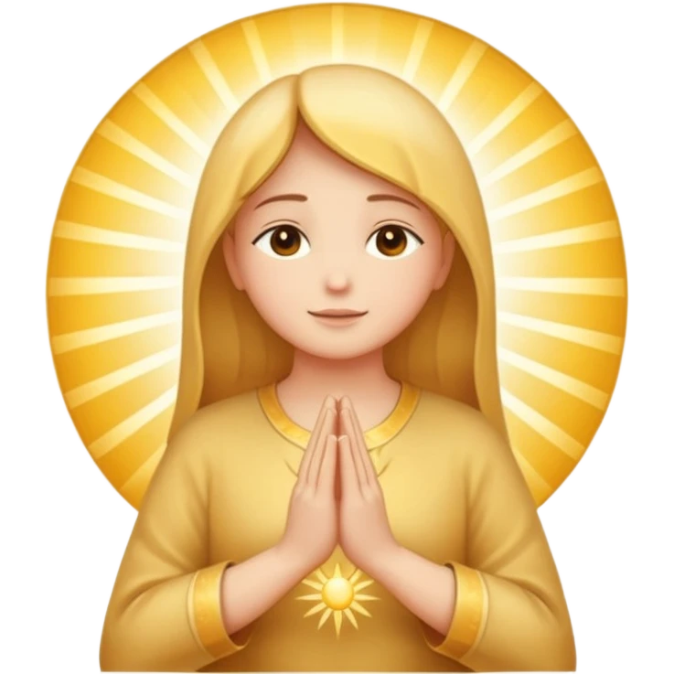 warm peaceful morning prayer emoji with soft golden colors, rays of light, hands in prayer position, serene spiritual symbols, sunrise, new beginnings, gratitude, connection with the divine emoji