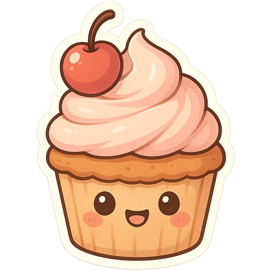 chibi sticker-style cupcake with a smiling face, cute and exaggerated emoji