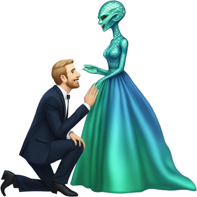 alien reptilian green skin woman, in long slim pastel blue formal party satin dress with gradient shiny sparkling navy blue diamonds embroidered , and caucasian man in black dres on his knees asks her to marry her emoji
