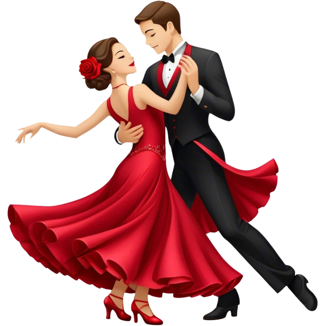 Icon for Ballroom Dancing: a pair of ballroom dance shoes, a rose, a dance floor, a flowing, voluminous ballroom dress in motion, and a shining spotlight. The icon should represent the elegance and atmosphere of ballroom dancing, focusing on the attire and setting. Transparent background. emoji