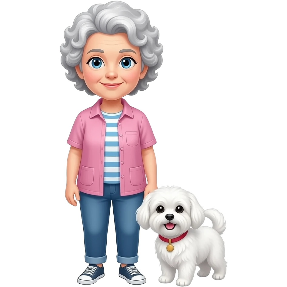 Elder woman curly hair blue eyes standig with a white Maltese dog emoji