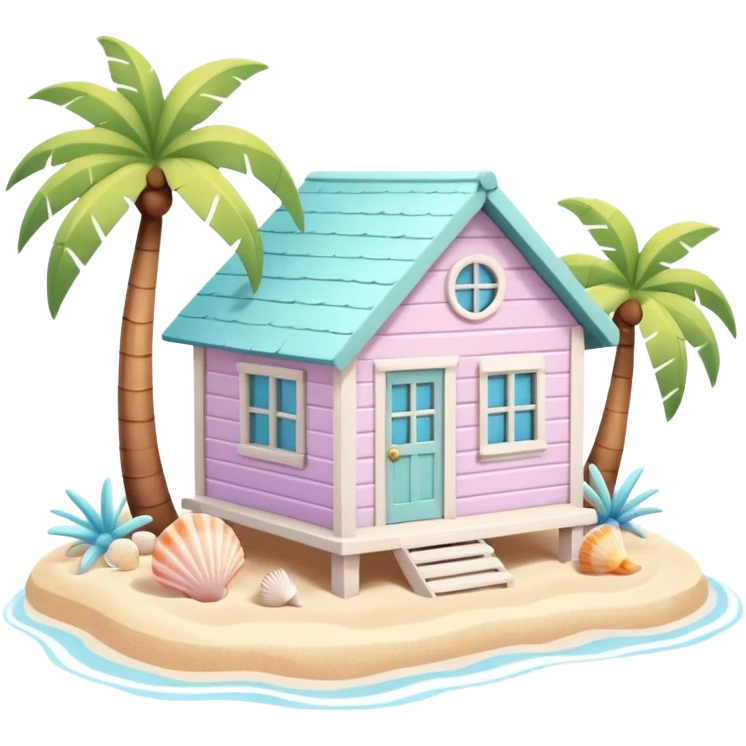 cute beach house, small seaside house, wooden walls, pastel colors, palm trees, seashells, warm sunlight, 3D cartoon, mobile game icon style, soft shadows, clean background, no text, no watermark
 emoji