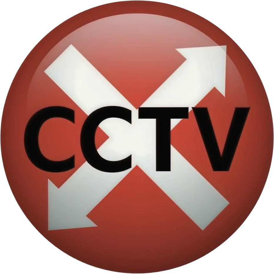 Red filled circle with white X and arrow end points on the X. Big CCTV word in the centre in black emoji