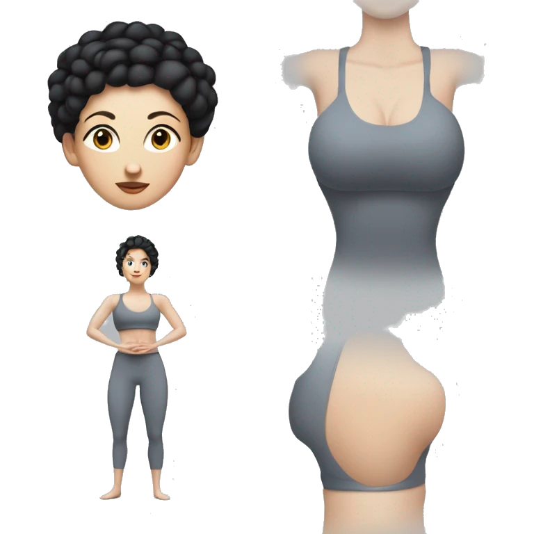 Pale skinned fit woman In a gray tight yoga suit and wristbands With black hair in a bun doing yoga bleu eye  emoji