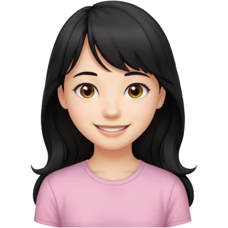 girl with long wavy black hair, straight bangs, white skin, smiling emoji