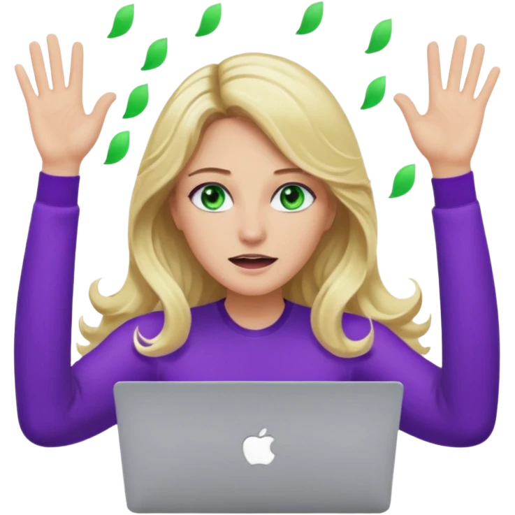 lady with long wavy blonde hair, purple top, green eyes, throwing her with a purple mac laptop hands in the air crying emoji