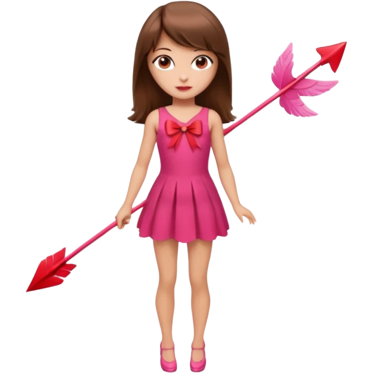 Hada sexy cupido pequeña  de cabello largo lacio castaño con flequillo y ojos cafés  vestida con algo sensual corto color blanco o rojo arco delgado con un color que combinen   y flechas  igual delgadas  que combinen y labios rosas tipo Barbie pero en hada cupido de cuerpo completo ojos sexys  emoji