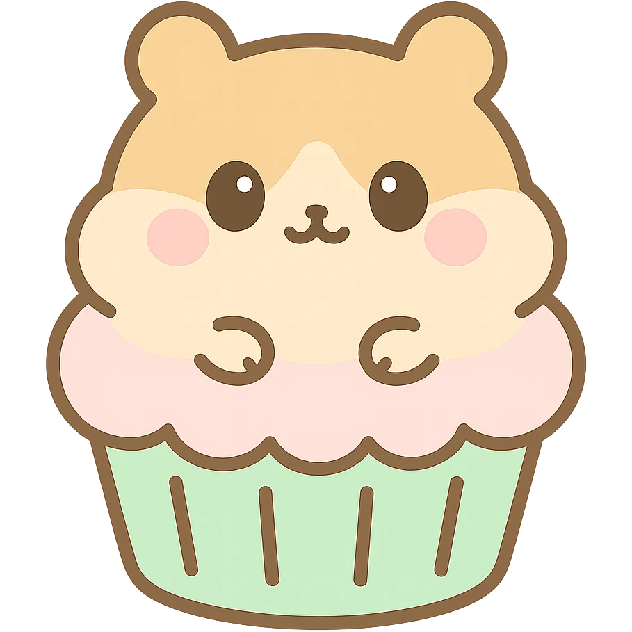 Create a kawaii style hamster cupcake inspired by the reference image. The cupcake should have a chubby face, pastel cream topping, and a soft, cute look with a matching pastel color palette. The hamster should be animal-looking from the front side. The background should be transparent. emoji