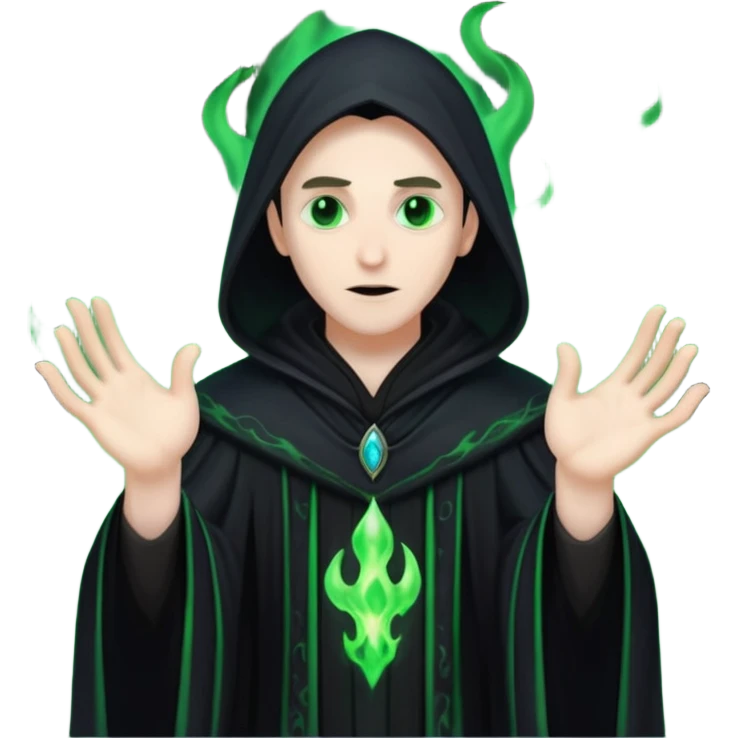 A dark sorcerer in flowing black robes, conjuring eerie green flames emoji