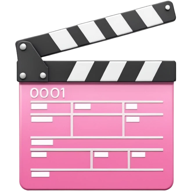  pink  pink clapperboard used in filmmaking, cute and stylish design with white details, open position, soft reflections, realistic or kawaii style, isolated on transparent background emoji