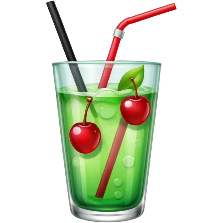 Create an emoji with a clear rounded glass, bright transparent green soda with fine bubbles, a smooth vanilla scoop, a glossy red cherry, and a black straw, using vibrant colors, soft shading, and clear glass highlights.
 emoji
