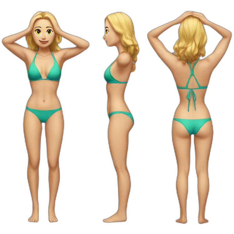 fit Caucasian woman bikini (hands-in-hair pose) (full body) emoji