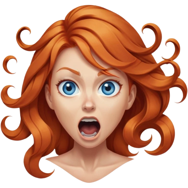 screaming female ginger hair blue eyes centre of face turning in to a black swirl emoji