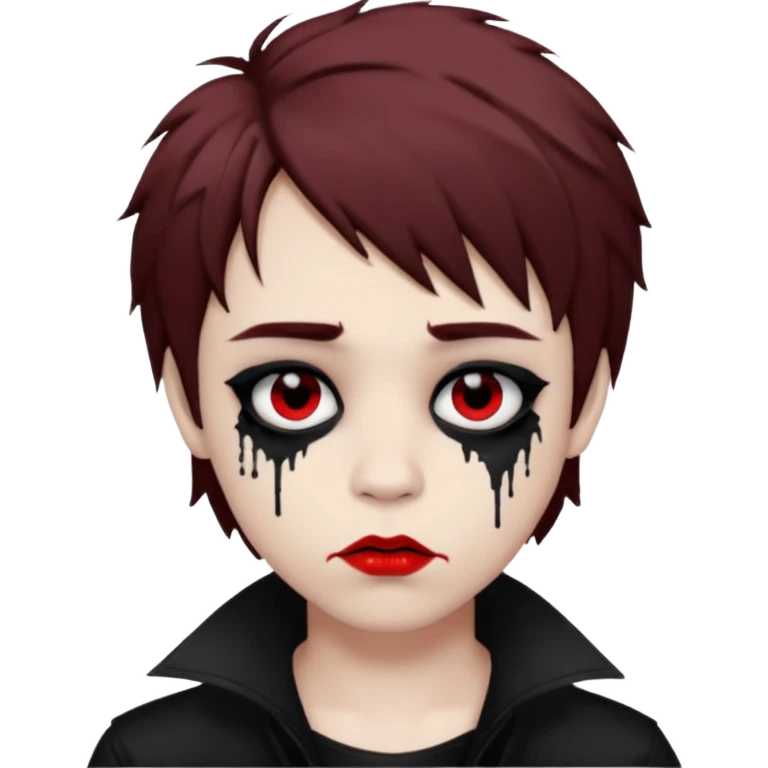 Happy pale Goth boy with shaggy brown hair, and messy black eyeliner , smudged, red, lipstick  emoji