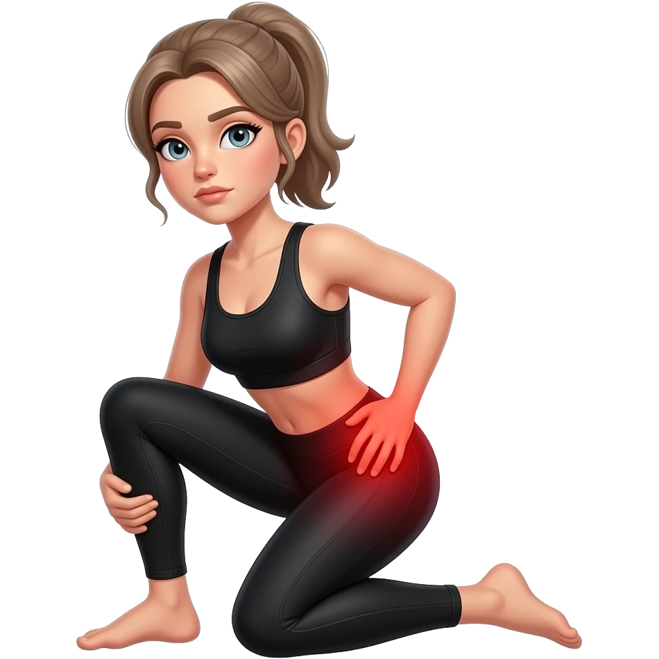 leg pain, full red glow covering both legs from hips to feet, woman holding one leg, fair-skinned woman, gray-blue eyes, ash brown brows, ash light brown hair tied back, slim athletic body, black workout set emoji