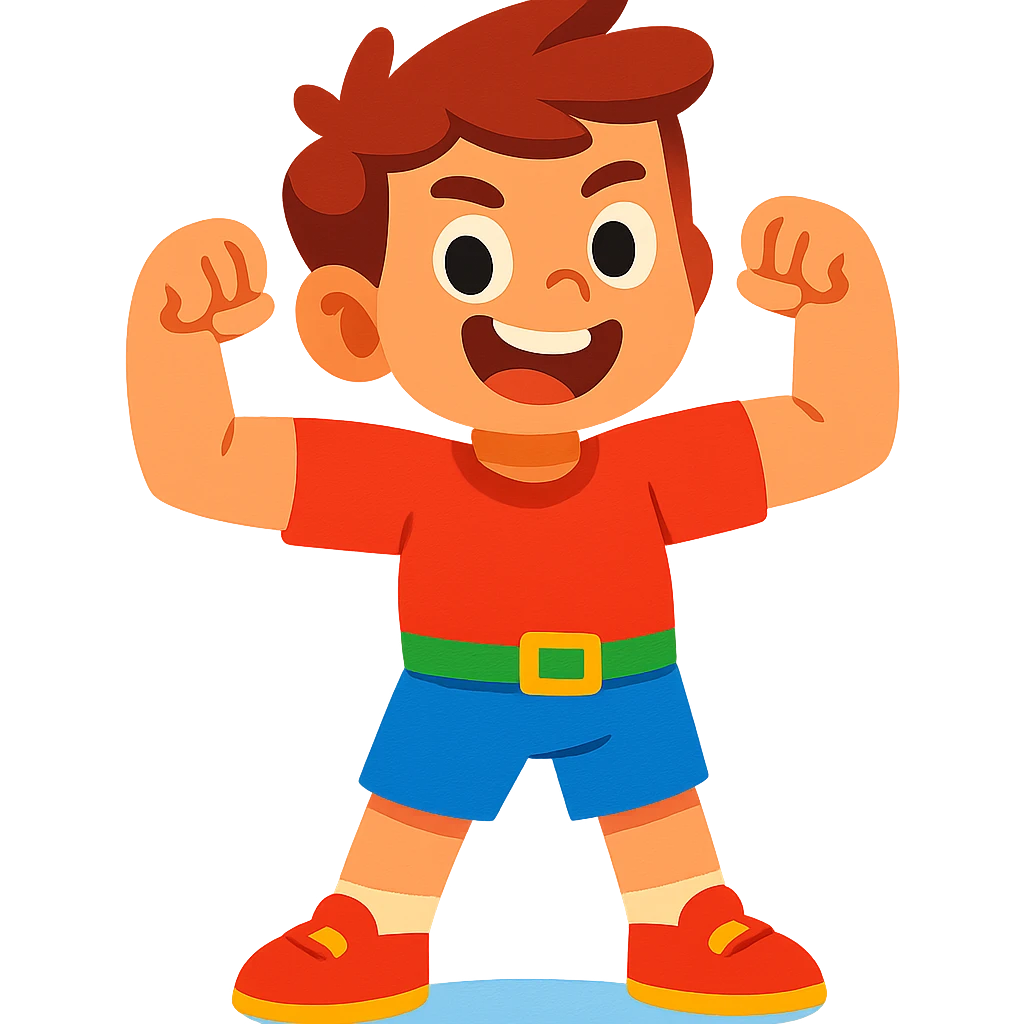 strong kid flexing muscles, energetic, cartoon style, vibrant colors emoji
