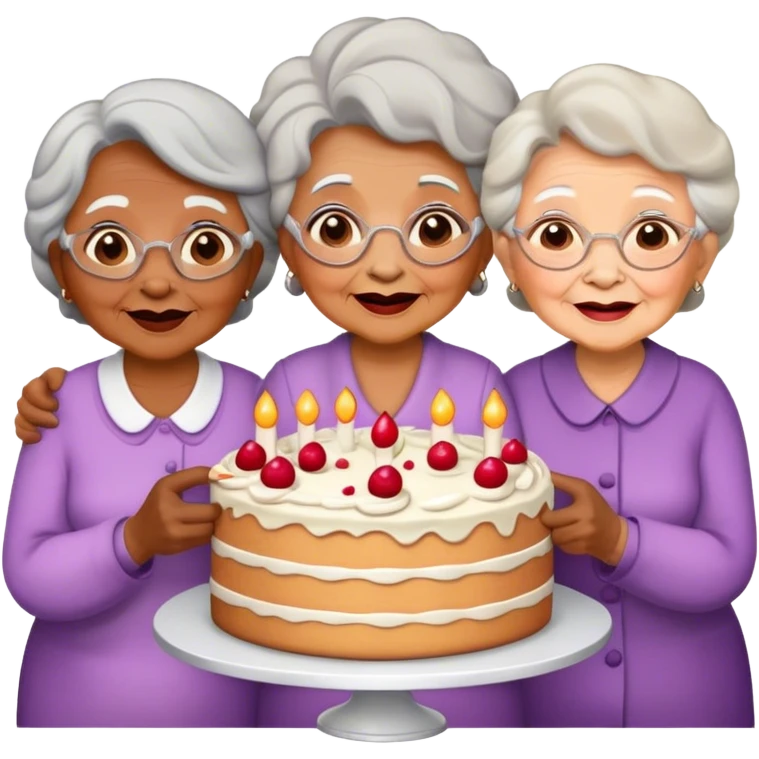 Three old ladies holding cake emoji