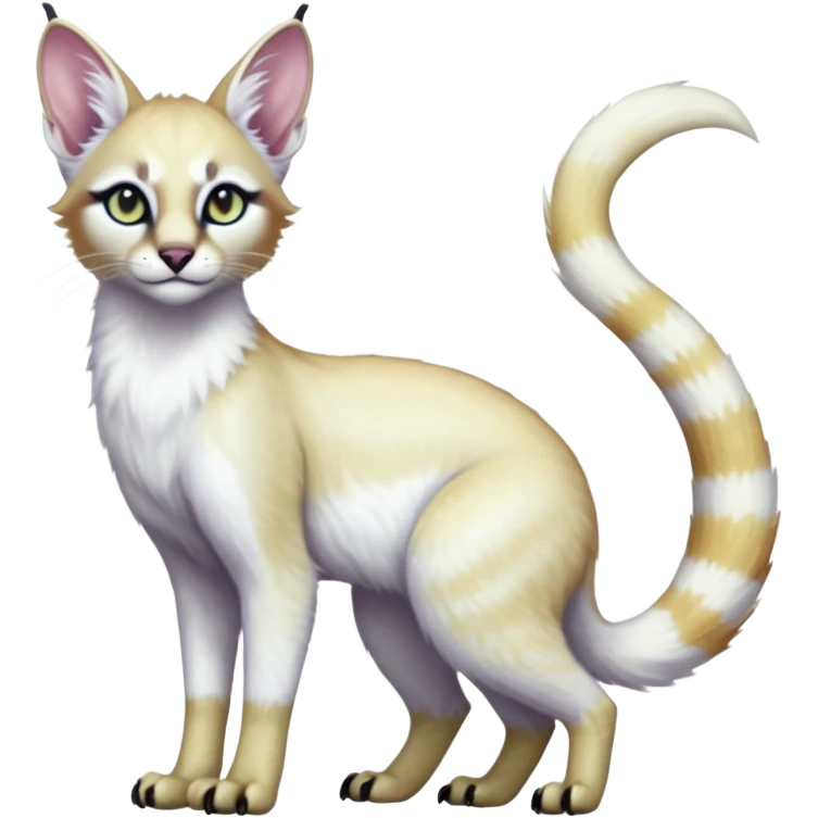 Colorful tropical pearly-albino-white iridescent glorious divine exotic cute cool beautiful shiny beautiful fantasy-caracal-civet-genet-sergal-vernid-Cacomistle-oncilla-animal-Fakémon-hybrid-fursona with tufted ears (full body) emoji