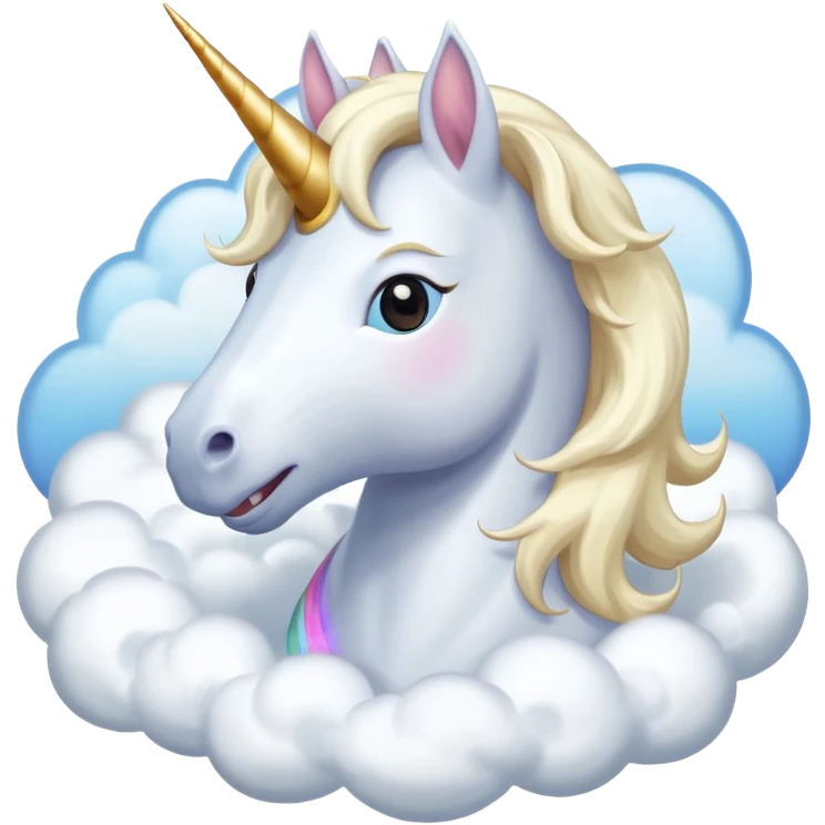 A unicorn flying through clouds, smiling dreamily, portrait, bust up emoji