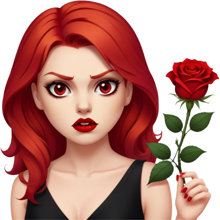 a beautiful very angry woman with red hair and red eyes. The woman wear a black little cutted dress. She have red lipstick and she have a seductive look. She have a rose flower in her hair. Angry face emoji