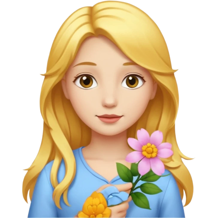 A girl with a flower in her hand, golden hair, and beauty. emoji