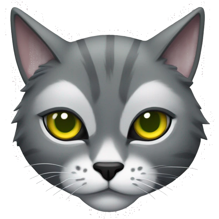 Tomcat with grey fur, white markings, yellow eyes wit green irises, black pupils, black bushy eyebrows and a black nose emoji