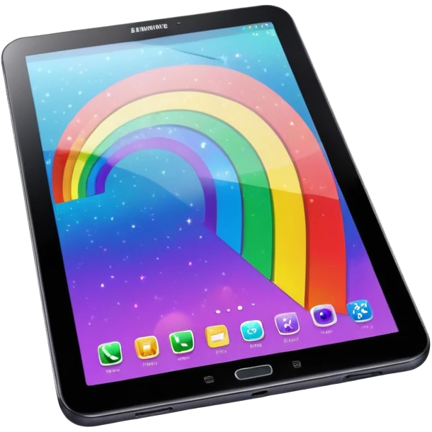 Realistic Samsung galaxy tablet, with a black holographic cover, that has a rainbow glitter effect emoji