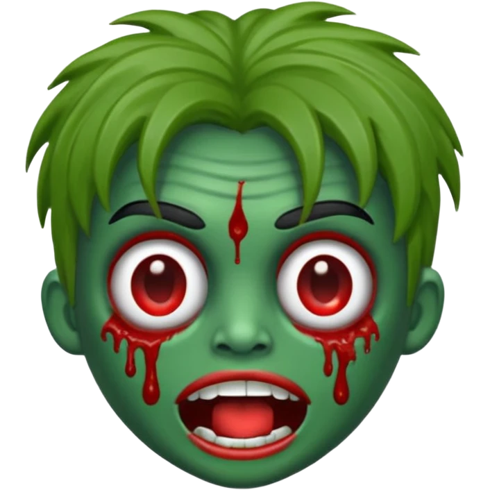 emoji de zumbi estilo WhatsApp, cabeça verde, cabelo cacheado vermelho volumoso, olhos brancos brilhando, expressão divertida e assustadora, cartoon, linhas limpas, fundo transparente, qualidade alta emoji