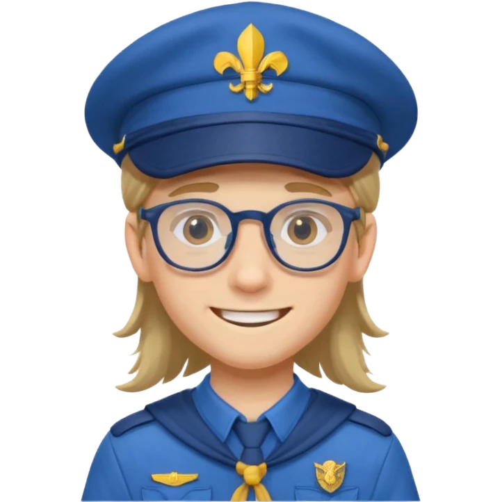 scout boy long hair spectacled blue uniform with cap emoji