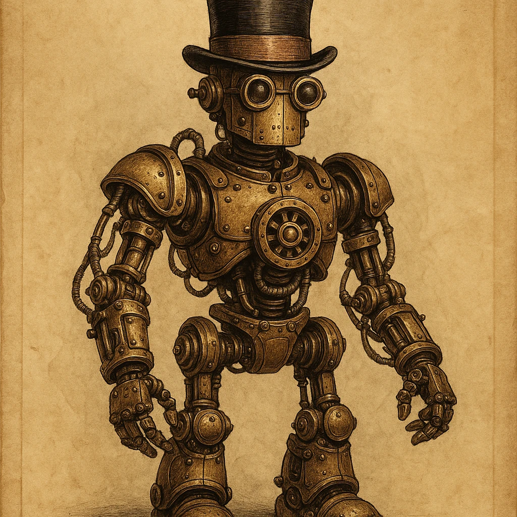 steampunk robot with top hat, mechanical arms, vintage look, Victorian style emoji