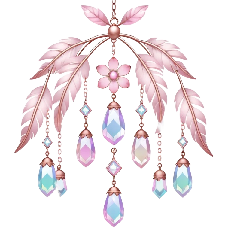 Hanging Iridescent pastel pink sakura crystals white-pearly suncatcher with bells and feathers CHANDELIER emoji