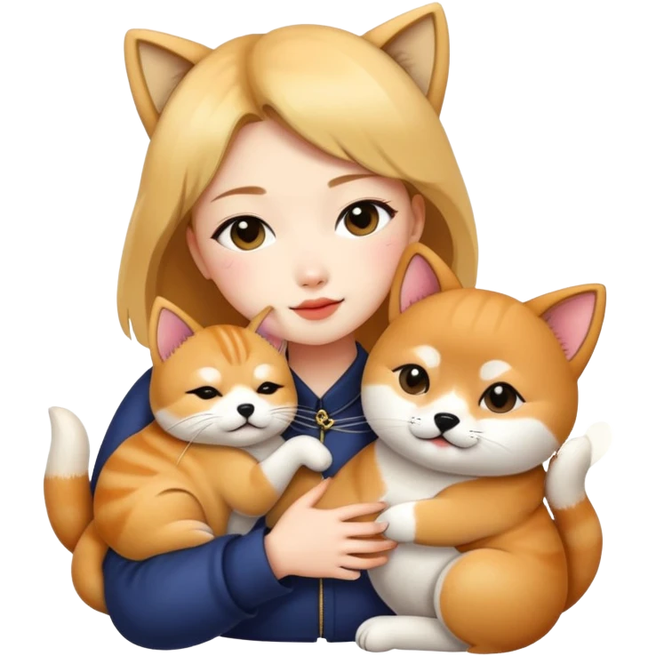 chinese fashion girl hugging  A Shiba Inu and a cat emoji