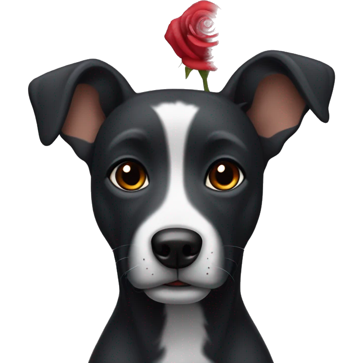 Short haired black dog with rose ears, greying muzzle and eyebrows, and brown eyes  emoji