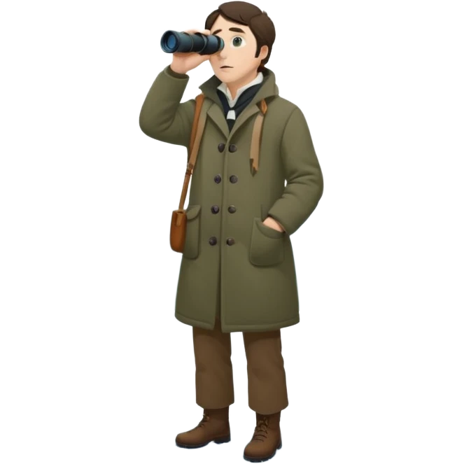 henry David thoreau full body looking up  birdwatching with binoculars in snow emoji