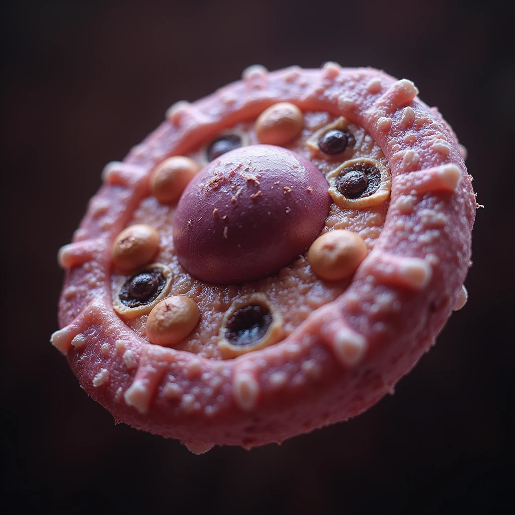 a human cell, highly realistic, with visible organelles, photorealistic illustration style, detailed textures, natural lighting emoji
