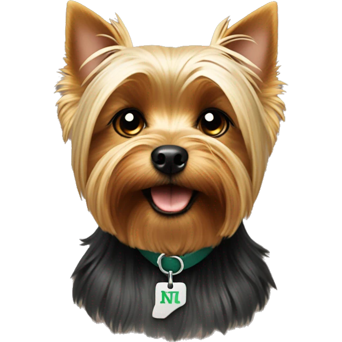 Yorkshire terrier with a collar that says N+M emoji